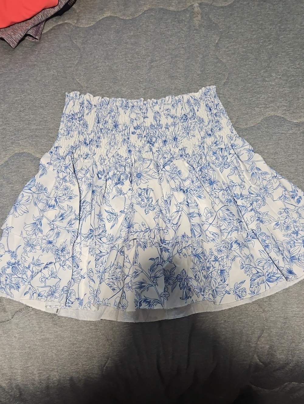 White and Blue Floral Smocked Waist Skirt - Women